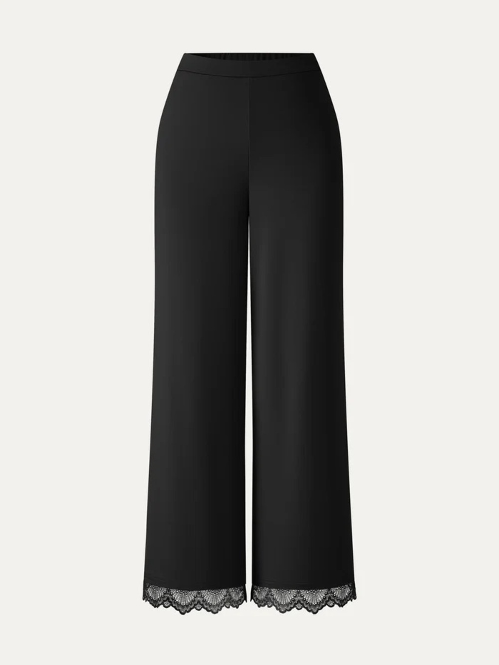 Ponte Lace Trim Draped Mid Rise Wide Leg Pants with Pockets
